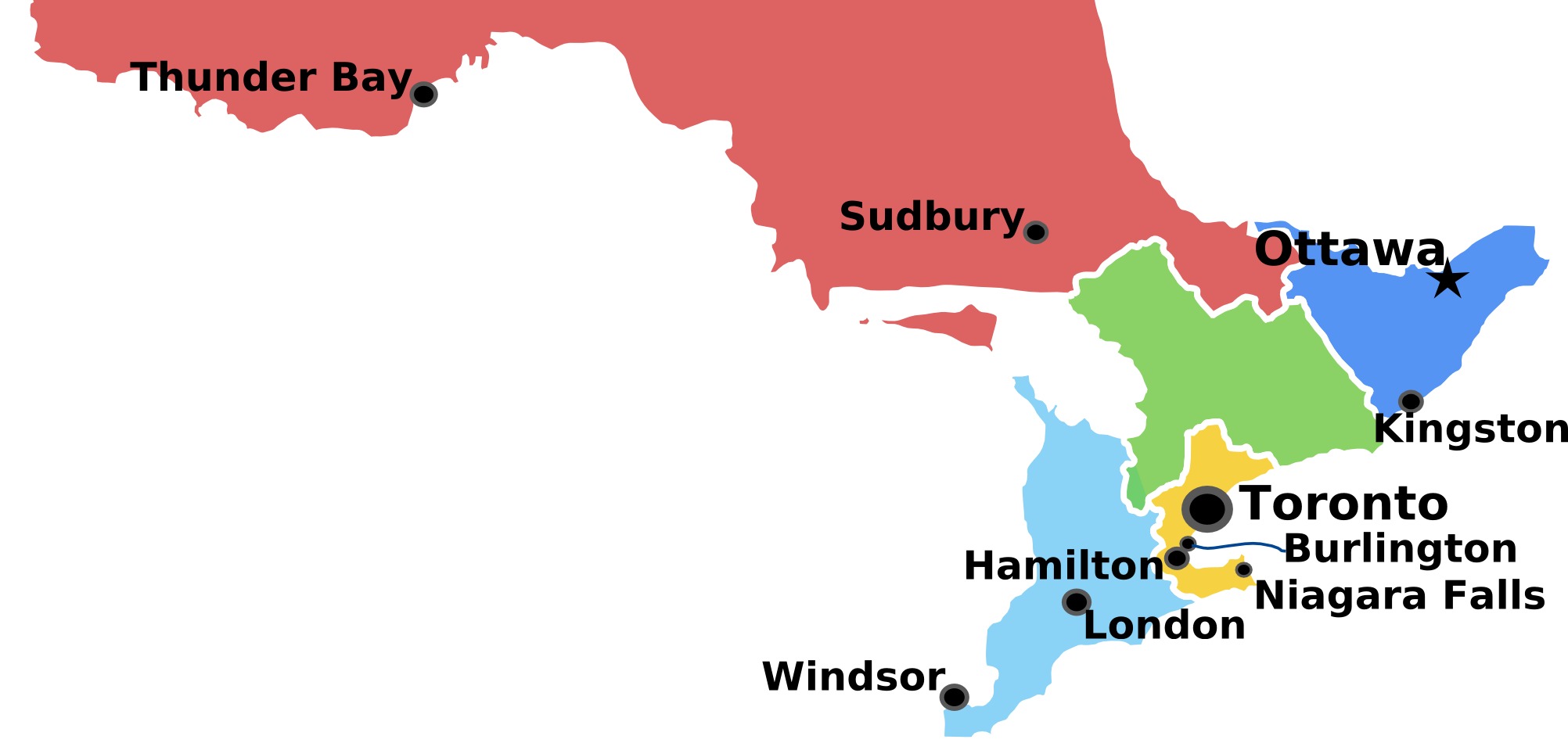 Map of Ontario highlighting Toronto, Thunder Bay, Ottawa and other cities we serve